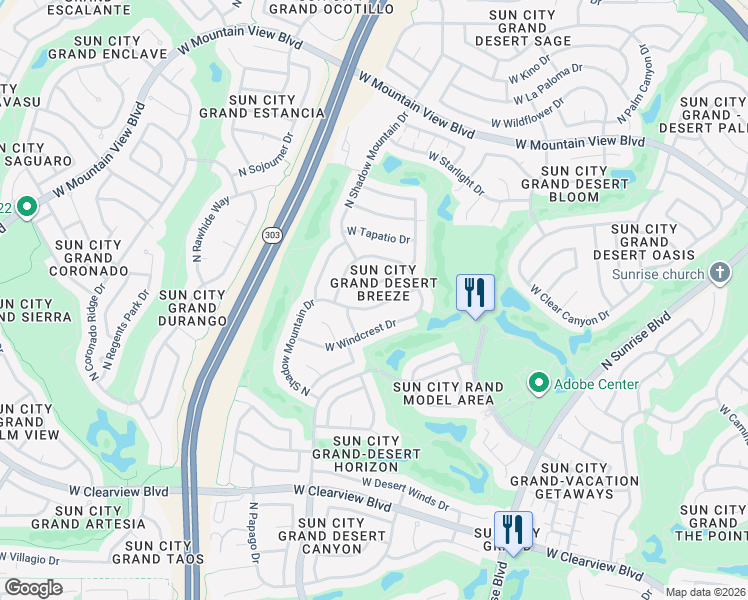 map of restaurants, bars, coffee shops, grocery stores, and more near 16240 West Manzanita Drive in Surprise