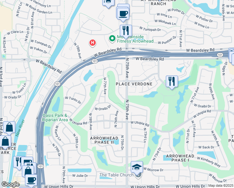 map of restaurants, bars, coffee shops, grocery stores, and more near 7520 North 76th Avenue in Glendale