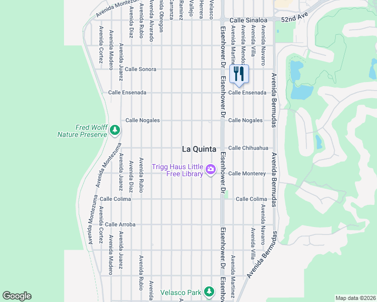 map of restaurants, bars, coffee shops, grocery stores, and more near 53025 Avenue Vallejo in La Quinta