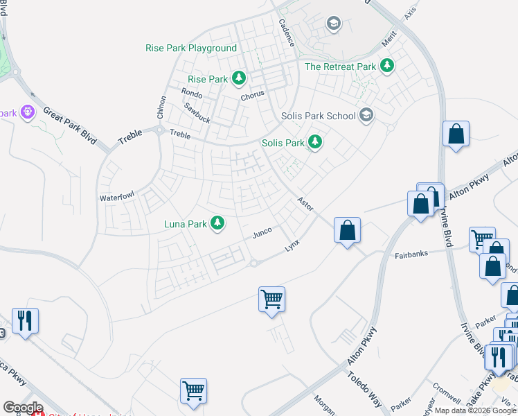 map of restaurants, bars, coffee shops, grocery stores, and more near 201 Longspur in Irvine