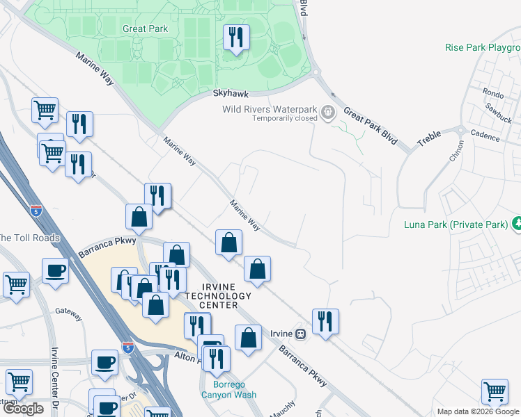 map of restaurants, bars, coffee shops, grocery stores, and more near Great Park Boulevard in Irvine