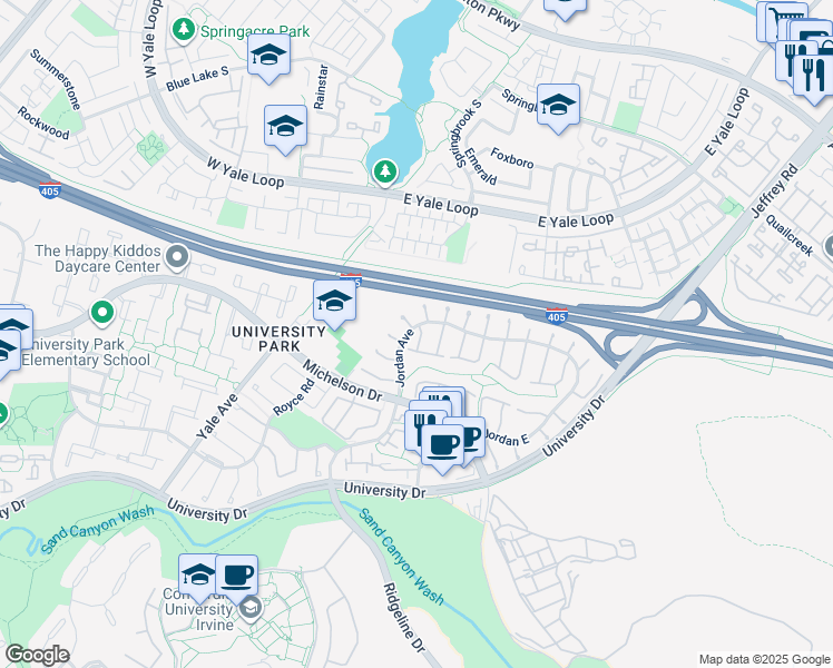 map of restaurants, bars, coffee shops, grocery stores, and more near 17301 Peach in Irvine