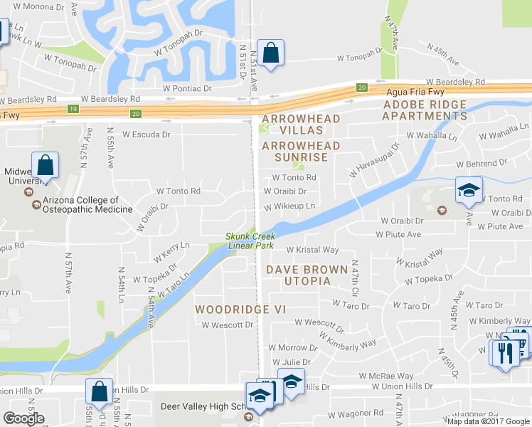 map of restaurants, bars, coffee shops, grocery stores, and more near 5023 West Wikieup Lane in Glendale