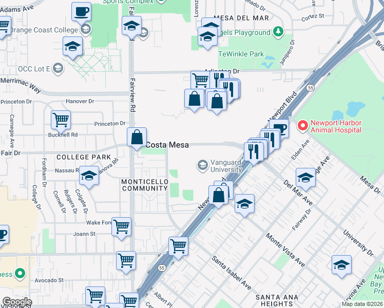 map of restaurants, bars, coffee shops, grocery stores, and more near 77 Fair Drive in Costa Mesa
