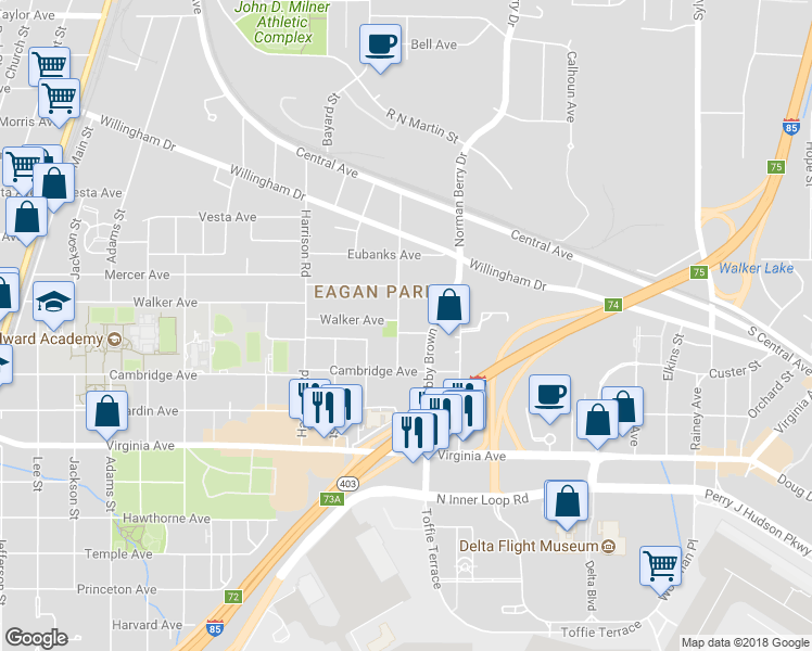 map of restaurants, bars, coffee shops, grocery stores, and more near 3378 Bachelor Street in East Point