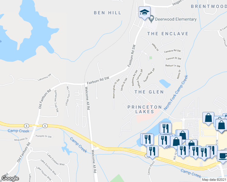 map of restaurants, bars, coffee shops, grocery stores, and more near Welmingham Drive Southwest in Atlanta