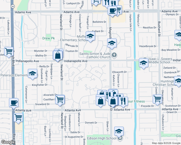 map of restaurants, bars, coffee shops, grocery stores, and more near 8886 Plumas Circle in Huntington Beach