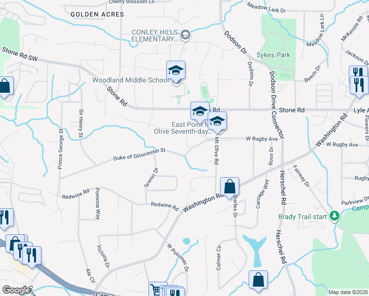 map of restaurants, bars, coffee shops, grocery stores, and more near 2785 Duke of Gloucester Street in East Point