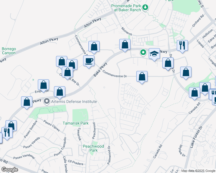 map of restaurants, bars, coffee shops, grocery stores, and more near 25530 Commercentre Drive in Lake Forest