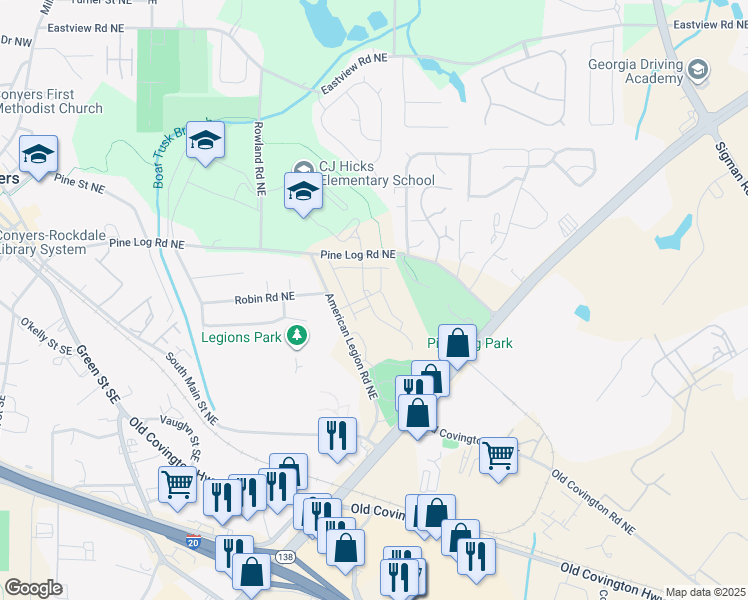 map of restaurants, bars, coffee shops, grocery stores, and more near 677 American Legion Road Northeast in Conyers
