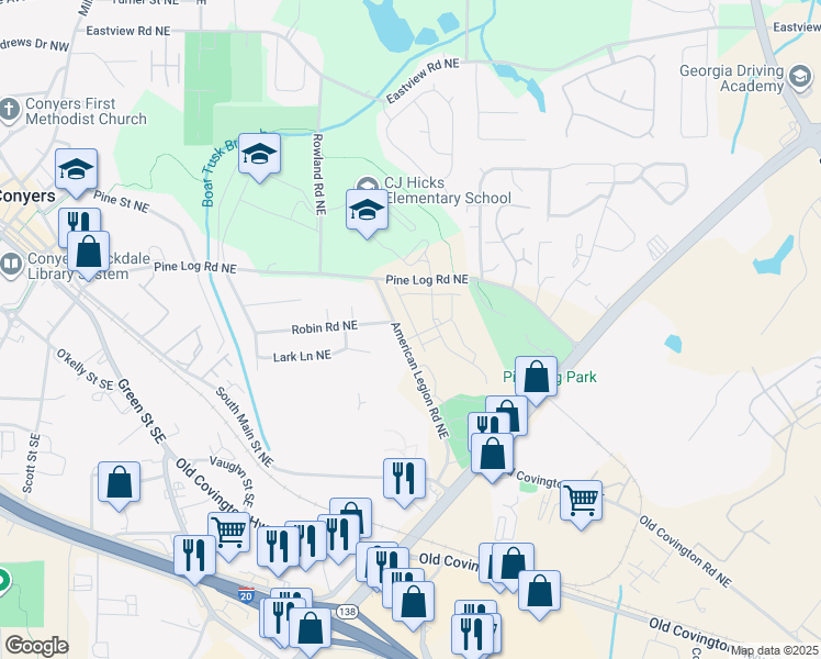 map of restaurants, bars, coffee shops, grocery stores, and more near 870 American Legion Road Northeast in Conyers