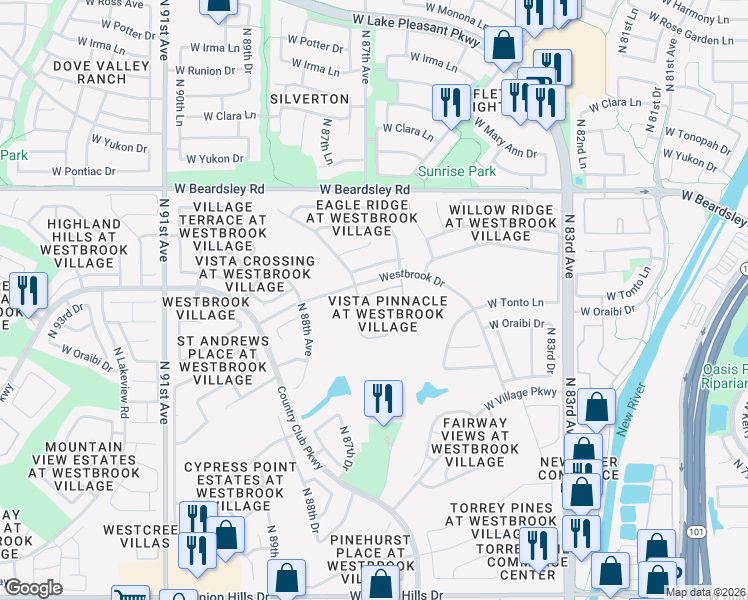map of restaurants, bars, coffee shops, grocery stores, and more near 19463 North 87th Drive in Peoria