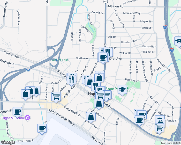 map of restaurants, bars, coffee shops, grocery stores, and more near 3335 North Whitney Avenue in Hapeville