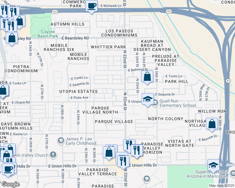 map of restaurants, bars, coffee shops, grocery stores, and more near 3140 East Piute Avenue in Phoenix