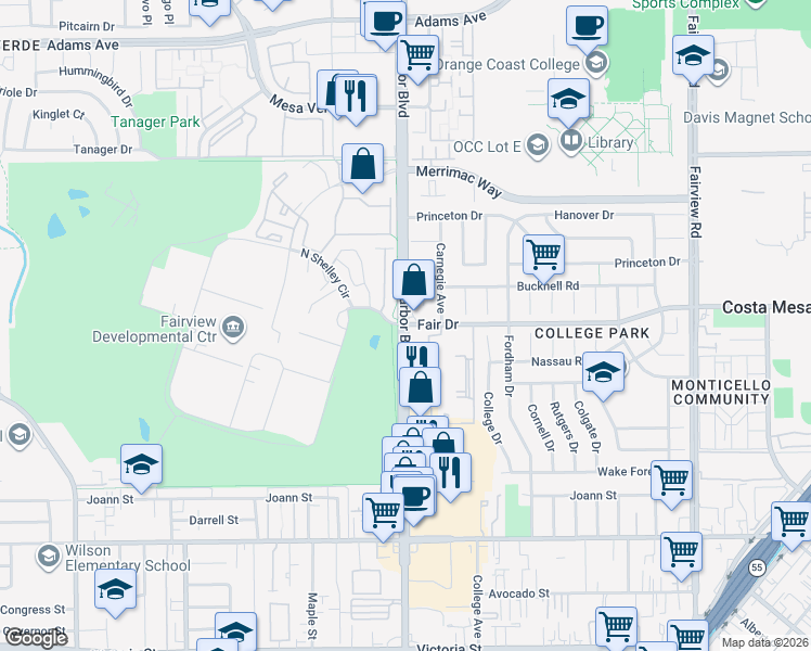 map of restaurants, bars, coffee shops, grocery stores, and more near Harbor Boulevard & Fair Drive in Costa Mesa