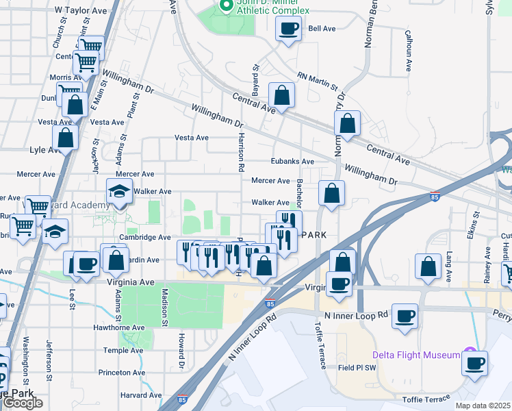 map of restaurants, bars, coffee shops, grocery stores, and more near 1356 Walker Avenue in Atlanta