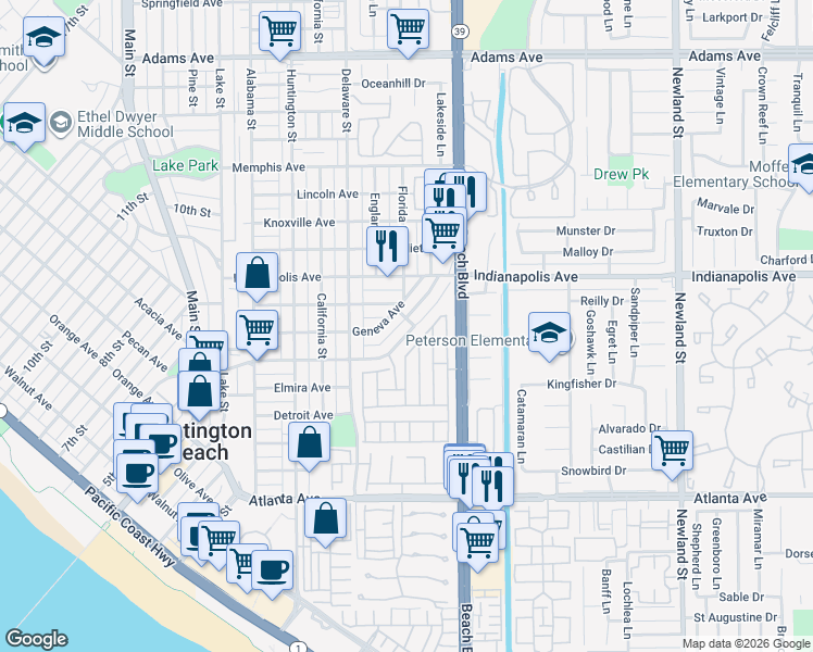 map of restaurants, bars, coffee shops, grocery stores, and more near 645 Frankfort Avenue in Huntington Beach