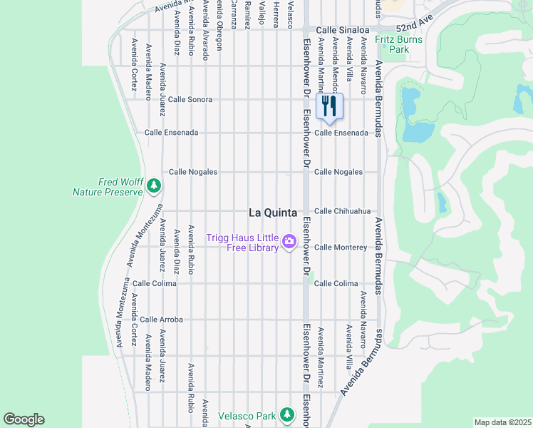 map of restaurants, bars, coffee shops, grocery stores, and more near 77655 Calle Chihuahua in La Quinta