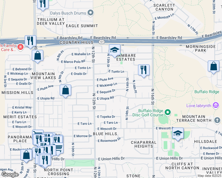 map of restaurants, bars, coffee shops, grocery stores, and more near 1307 East Sequoia Drive in Phoenix