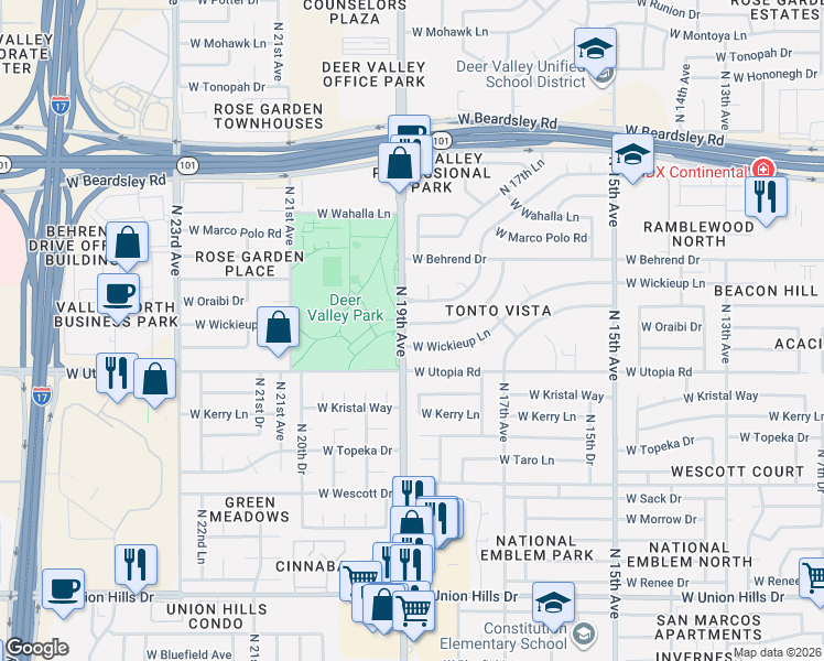 map of restaurants, bars, coffee shops, grocery stores, and more near 1840 West Wickieup Lane in Phoenix