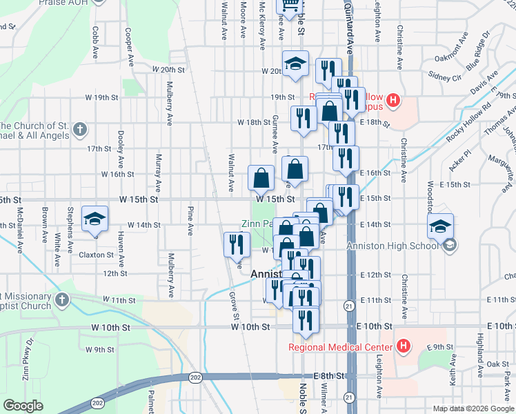 map of restaurants, bars, coffee shops, grocery stores, and more near 130 West 15th Street in Anniston
