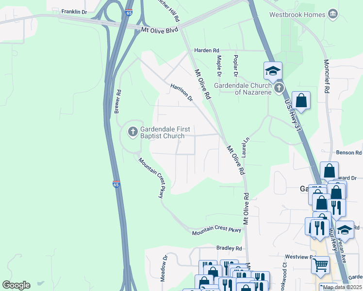 map of restaurants, bars, coffee shops, grocery stores, and more near 1545 Clover Avenue in Gardendale
