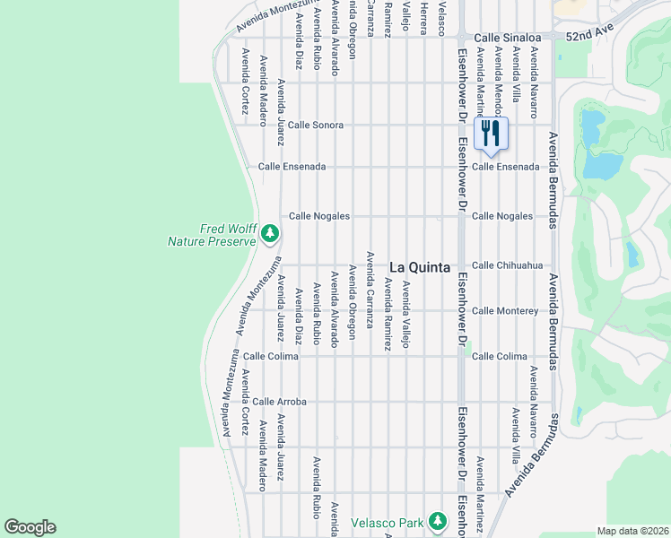 map of restaurants, bars, coffee shops, grocery stores, and more near 53048 Avenida Alvarado in La Quinta