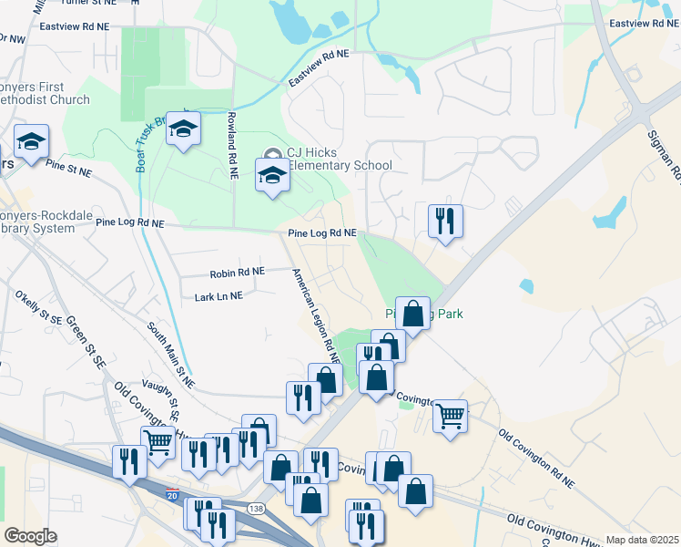 map of restaurants, bars, coffee shops, grocery stores, and more near 677 American Legion Road Northeast in Conyers