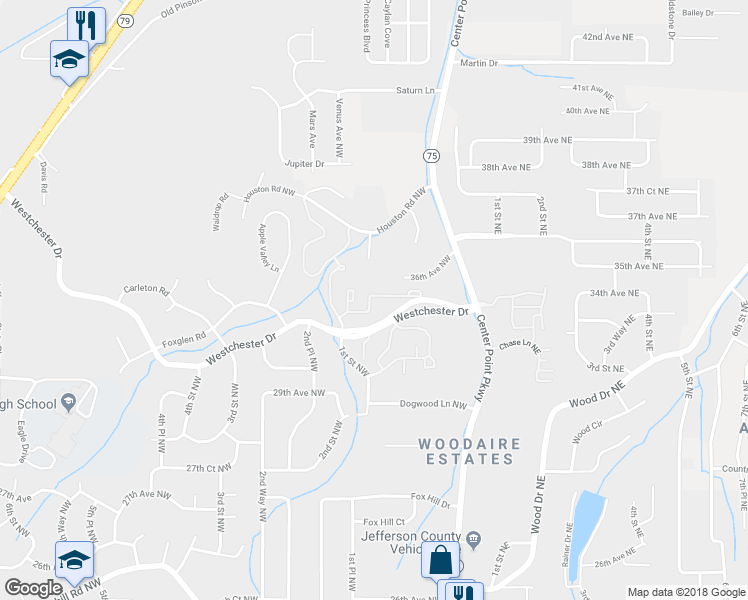 map of restaurants, bars, coffee shops, grocery stores, and more near 132 Westchester Drive in Center Point