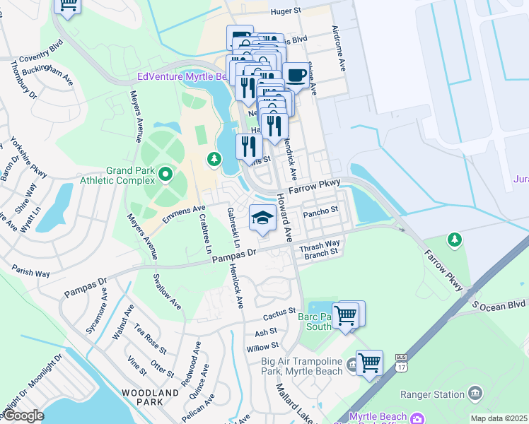 map of restaurants, bars, coffee shops, grocery stores, and more near 1379 Peterson Street in Myrtle Beach