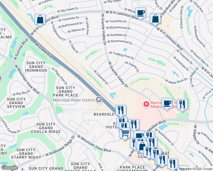 map of restaurants, bars, coffee shops, grocery stores, and more near 14615 West Calumet Drive in Sun City West