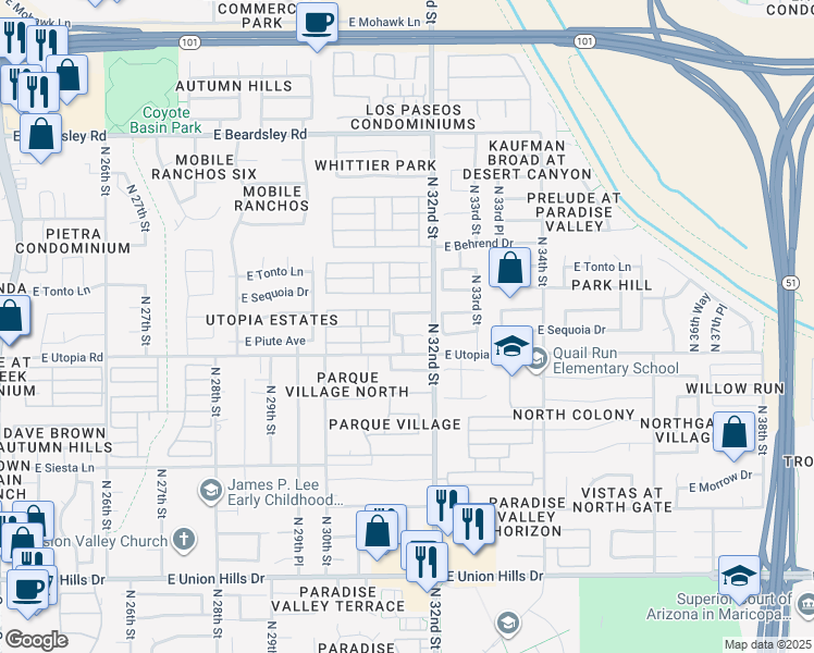 map of restaurants, bars, coffee shops, grocery stores, and more near 3140 East Piute Avenue in Phoenix