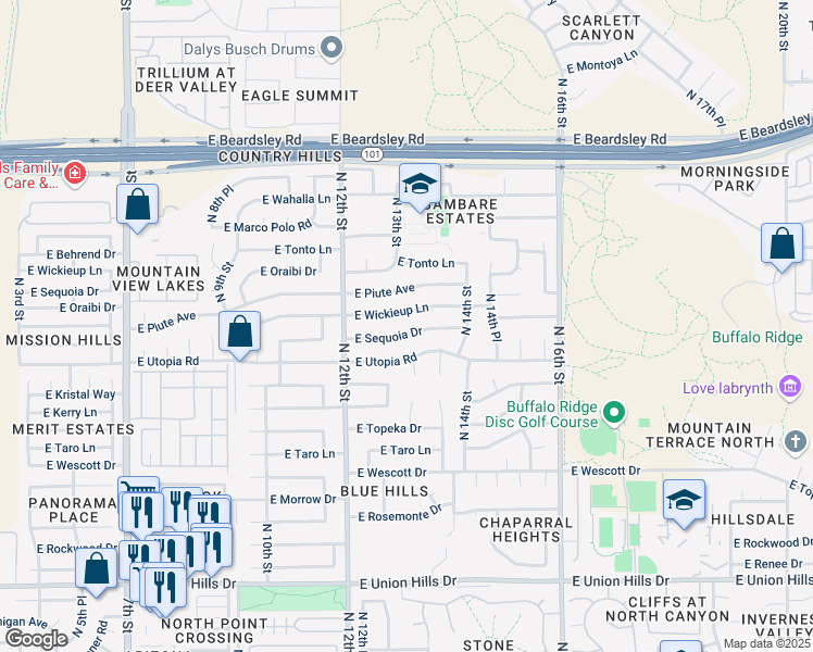 map of restaurants, bars, coffee shops, grocery stores, and more near 1307 East Sequoia Drive in Phoenix