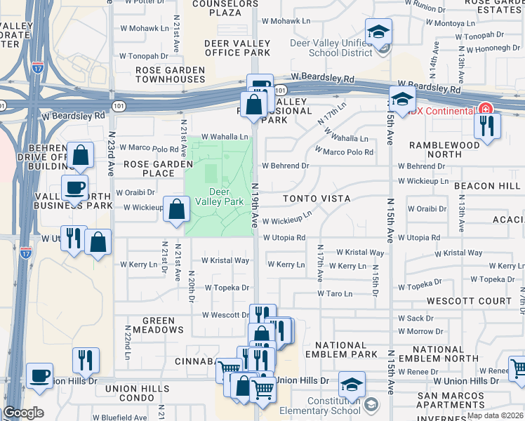 map of restaurants, bars, coffee shops, grocery stores, and more near 1840 West Wickieup Lane in Phoenix