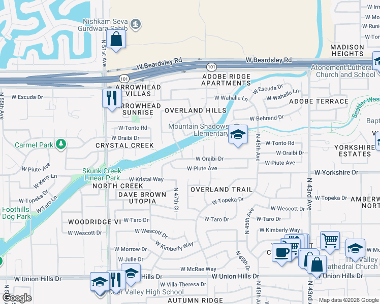 map of restaurants, bars, coffee shops, grocery stores, and more near 4752 West Oraibi Drive in Glendale