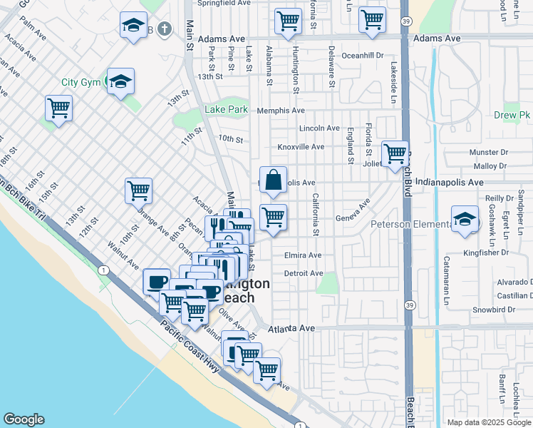 map of restaurants, bars, coffee shops, grocery stores, and more near 606 Lake Street in Huntington Beach