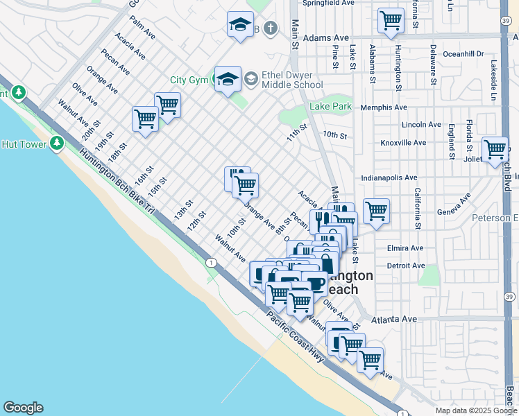 map of restaurants, bars, coffee shops, grocery stores, and more near 403 9th Street in Huntington Beach