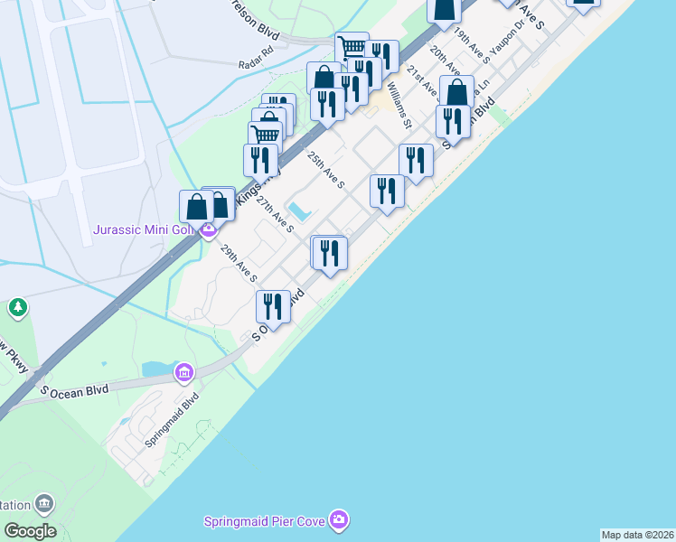 map of restaurants, bars, coffee shops, grocery stores, and more near 2609 South Ocean Boulevard in Myrtle Beach