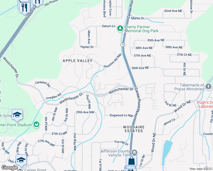 map of restaurants, bars, coffee shops, grocery stores, and more near 132 Westchester Drive in Center Point