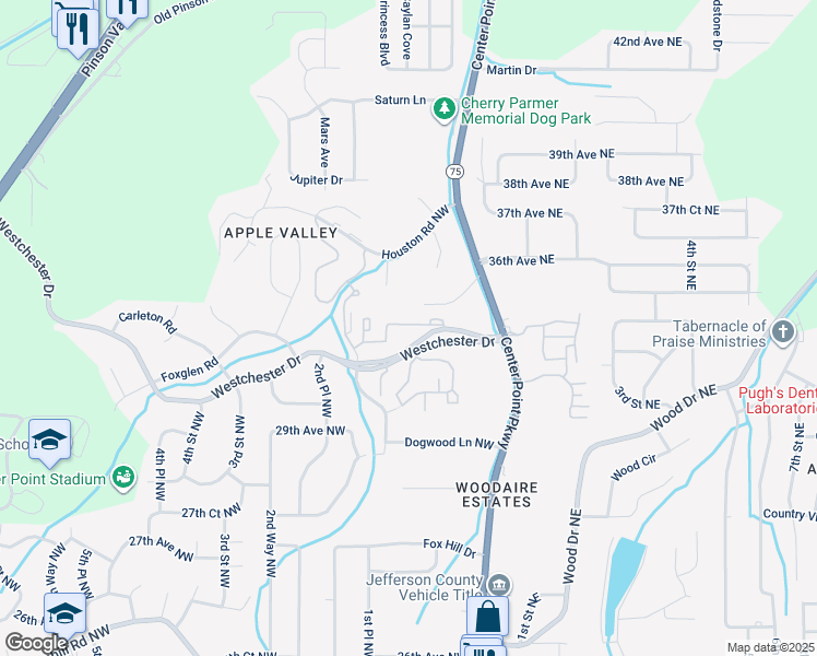 map of restaurants, bars, coffee shops, grocery stores, and more near 32 Westchester Court in Birmingham