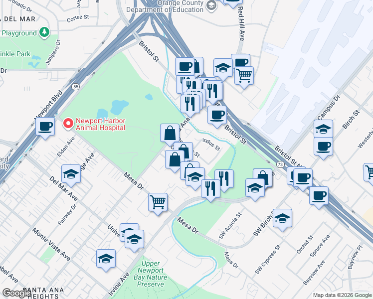 map of restaurants, bars, coffee shops, grocery stores, and more near 1591 Orchard Drive in Newport Beach
