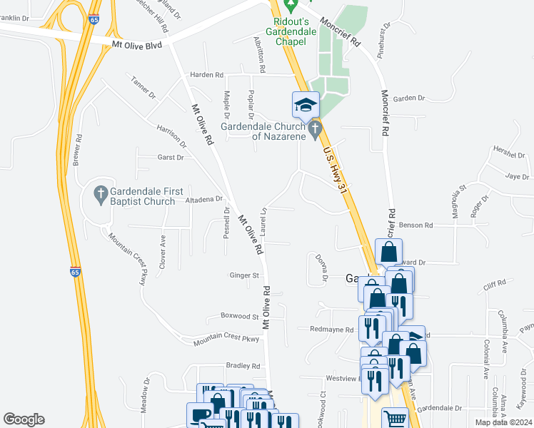 map of restaurants, bars, coffee shops, grocery stores, and more near 1545 Laurel Lane in Gardendale