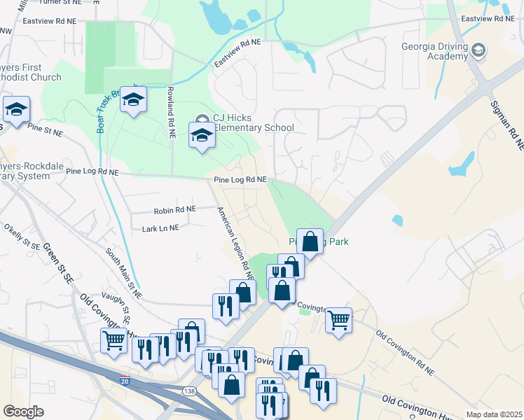 map of restaurants, bars, coffee shops, grocery stores, and more near 1276 Woodlyn Chase NorthEast in Conyers