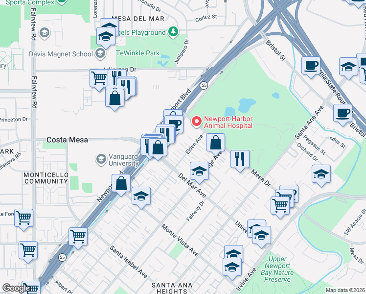 map of restaurants, bars, coffee shops, grocery stores, and more near 2649 Elden Avenue in Costa Mesa