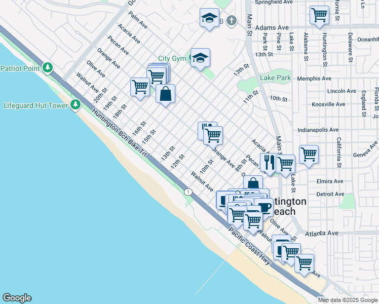 map of restaurants, bars, coffee shops, grocery stores, and more near 228 12th Street in Huntington Beach