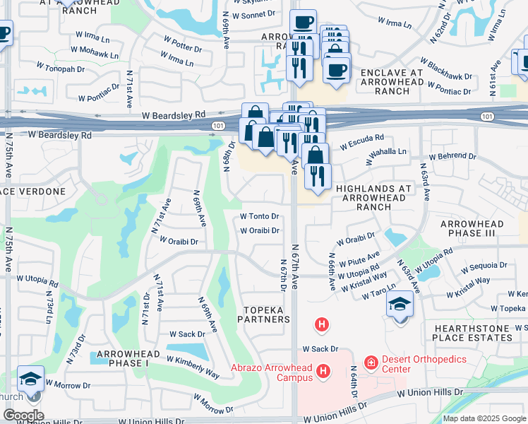 map of restaurants, bars, coffee shops, grocery stores, and more near 6727 West Tonto Drive in Glendale