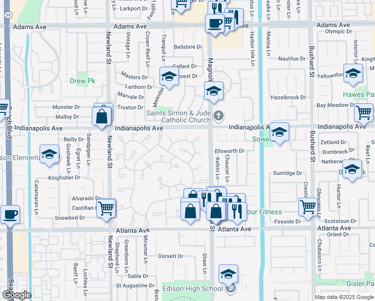 map of restaurants, bars, coffee shops, grocery stores, and more near 8886 Plumas Circle in Huntington Beach