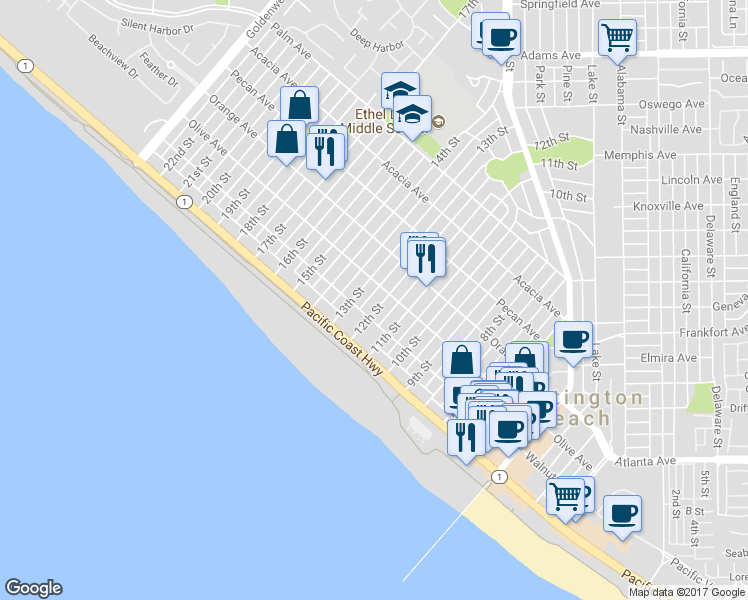 map of restaurants, bars, coffee shops, grocery stores, and more near 215 12th Street in Huntington Beach