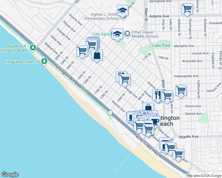 map of restaurants, bars, coffee shops, grocery stores, and more near 228 12th Street in Huntington Beach