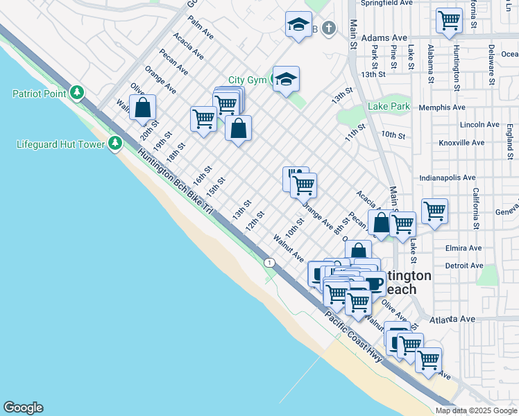 map of restaurants, bars, coffee shops, grocery stores, and more near 215 12th Street in Huntington Beach